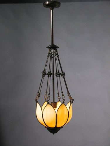 8 Panel Leaded Glass Cream Colored Inverted Dome Pendant